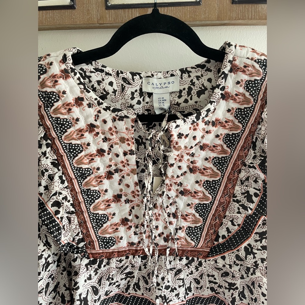Calypso St. Barth Cream Blouse with Rust and Black Paisley Print - Picture 3 of 8